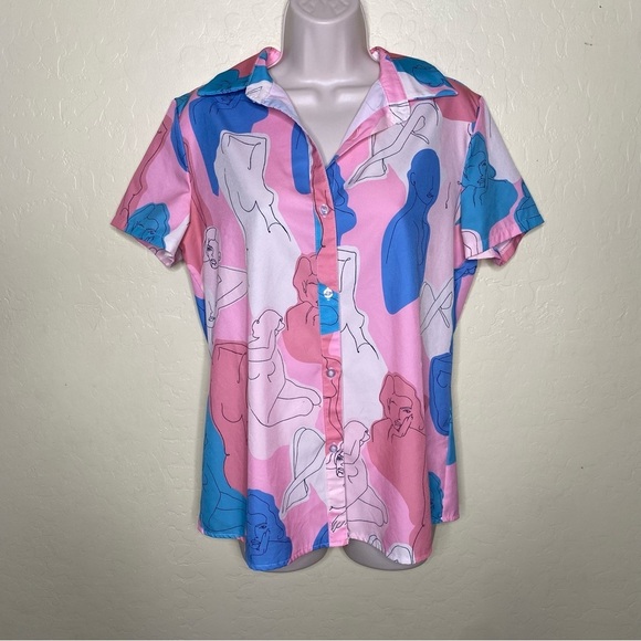Pink and Blue Abstract Woman Art Print Button Down Short Sleeve Shirt Size S - Picture 3 of 16